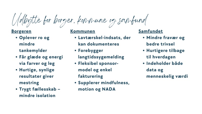 Udbytte for borger, kommune og samfund. Supplerer mindfulness, motion og NADA behandlinger