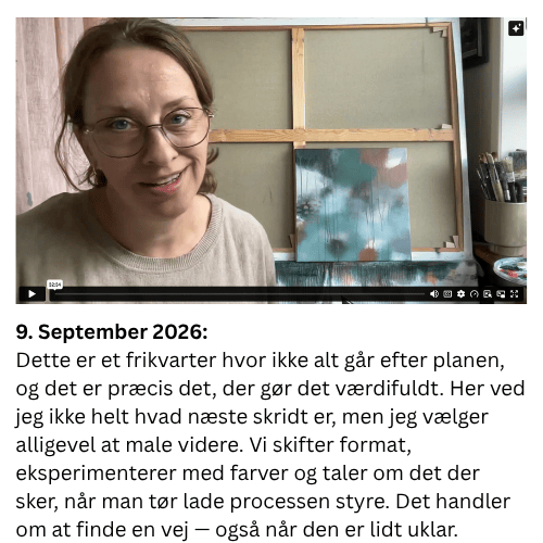 Dette er et frikvarter hvor ikke alt g&aring;r efter planen, og det er pr&aelig;cis det, der g&oslash;r det v&aelig;rdifuldt. Her ved jeg ikke helt hvad n&aelig;ste skridt er, men jeg v&aelig;lger alligevel at male videre. Vi skifter format, eksperimenterer med farver og taler om det der sker, n&aring;r man t&oslash;r lade processen styre. Det handler om at finde en vej &mdash; ogs&aring; n&aring;r den er lidt uklar.